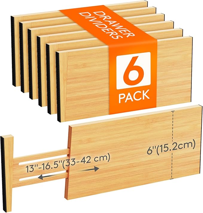 Lifewit 6" High 6 Pack Bamboo Drawer Dividers 33-42cm/13-16.5" Adjustable Wooden Drawer Organizer for Clothes/Utensils, Expandable Drawer Separator for Dresser/Kitchen/Bedroom/Office Organization