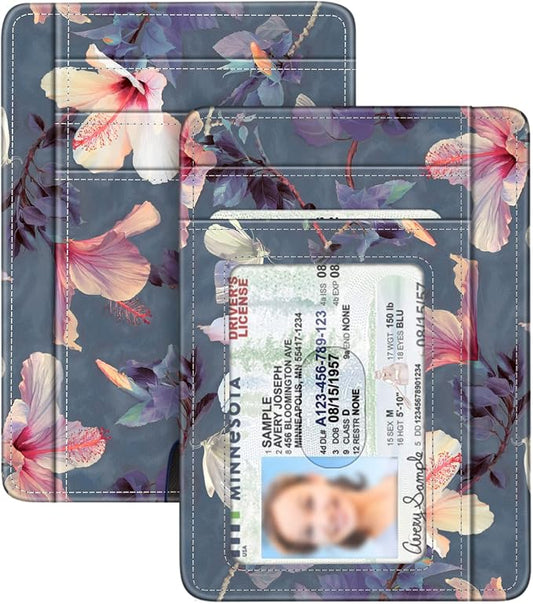 FINTIE Slim Minimalist Front Pocket Wallet, RFID Blocking Credit Card Holder Card Cases with ID Window for Men Women (Blooming Hibiscus)