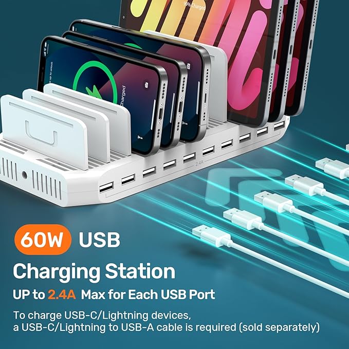 Alxum Multi Charging Station,10 Ports USB Charging Station for Multiple Devices,60W 10 Ports Charging Dock,Compatible with iPad, iPhone, Tablet and Cell Phone
