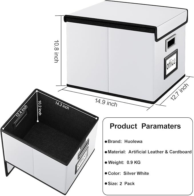 Portable Leather File Organizer Boxes with Lids, Collapsible File Folder Organizer Boxes, Decorative Small Filing File Cabinet for Home/Office, Easily Store Documents/Hanging File Folders
