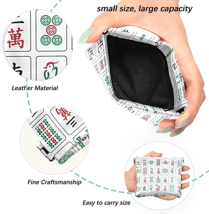 Mahjong Women's Waterproof PU Leather Coin Purse, Slim Travel Wallet with Zipper - Compact Card Holder & Jewelry Organizer for Cash, Keys, Lipstick