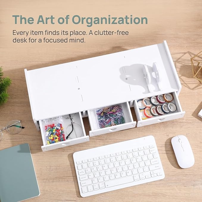 Computer Monitor Stand Riser with 3 Drawers - No Assembly White Desk Organizer & Laptop Shelf - Waterproof Desktop Storage for Home Office, School Dorm & Vanity - 3-Tier Space-Saving Design