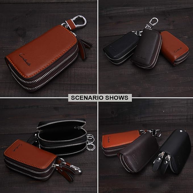 CONTACTS Car Key Case Small Leather Double Zipper Key Holder with 4 Keyrings Keys Organizer for Men Women