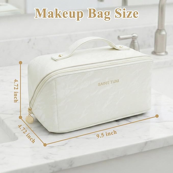 Cosmetic Bag,Travel Makeup Bag, Large Capacity Cosmetic Bags for Women, Waterproof Portable Open Flat Toiletry Bags,Makeup Organizer Bag with Divider and Handle, Cosmetic Pouch Gifts for Women (White)