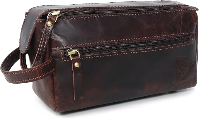 Toiletry Bag | Leather Dopp Kit for Men & Women – Water-Resistant, Durable & Stylish – Travel Organizer with Multiple Compartments | Grooming Essentials, Shaving & Makeup Pouch (Brown)