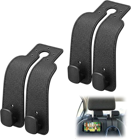 Headrest Hooks for Car, Car Seat Hooks for Headrest, Seat Back Storage Hook, Twinhook Leather Car Headrest Hangers, Seat Back Universal Fit Storage Organizer for Purses and Bags Cute (2, Black)