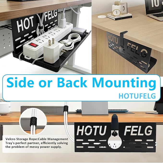 Under Desk Cable Management Tray with Dual Installation – Clamp or Screw Mount Cord Organizer, Heavy-Duty Steel Computer Desktop Power Wire Hider Table Storage Basket for Home Office & Gaming Desks