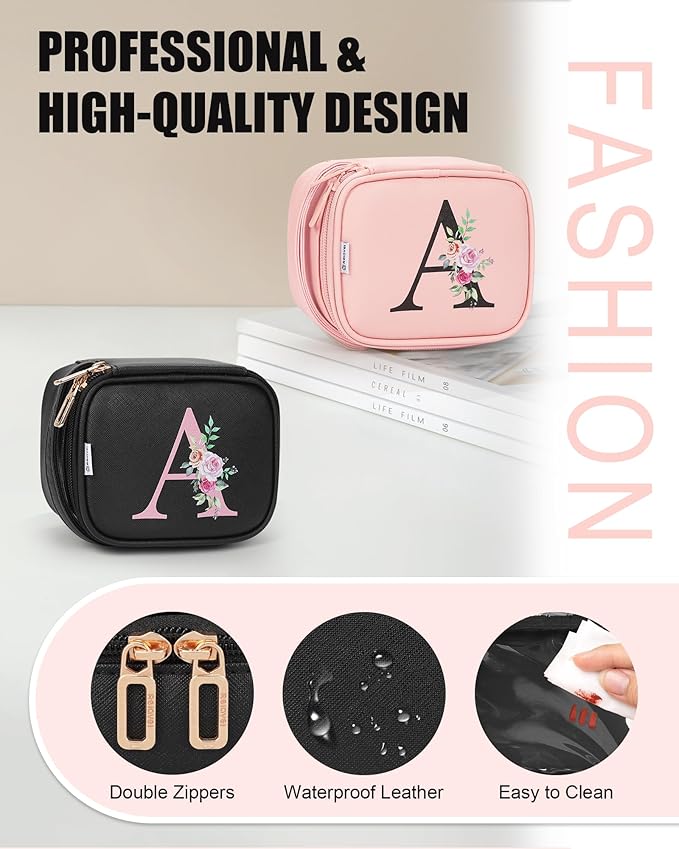 Relavel Initial Makeup Bag with Led Mirror, Mini Make Up Bag for Women Girls, Personalized Cosmetic Bag with Adjustable Brightness, Rechargeable Make Up Bags Pouch for Birthday Gifts - Black O