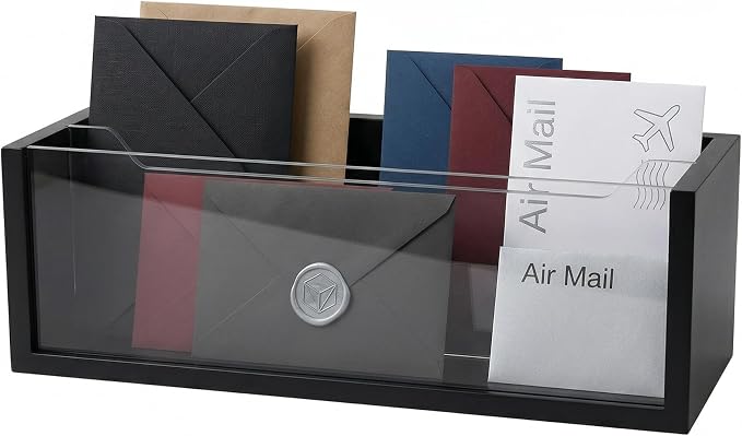 Mail Organizer with Clear Acrylic Dividers - Adjustable 2-in-1 Desk & Wall Mount Letter Holder, Modern Paper Sorter for Home Office Organization (Black)