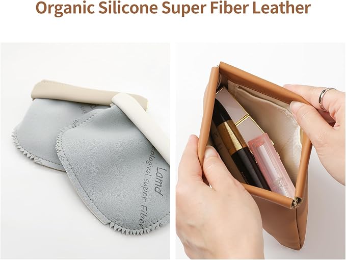 2 Pack Small Makeup Bag for Women, New Organosilicon Super Fiber PU Leather Mini Cosmetic Bag for Travel, Coin Purse Organizer Storage Pouch (Brown)