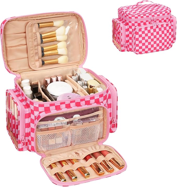 Bagmoly Large Checkered Makeup Bag, Travel Makeup Bag Organizer for Women Girls with Makeup Brush Compartment & Two Side Pockets, Cosmetic Travel Bag Vertical Storage Toiletry Bag- Hotpink