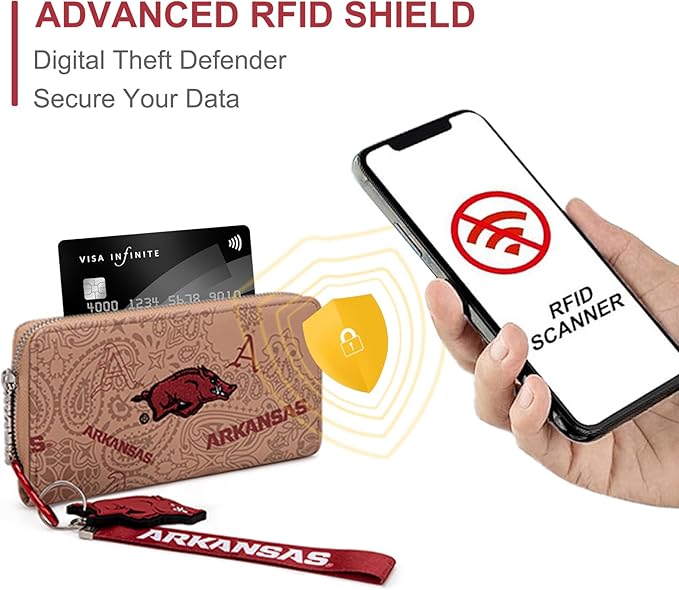 Arkansas Razorbacks Wristlet Wallet for Women, Arkansas Team Purse with RFID Blocking Card Slot, New Clutch Zipper Wallet for Fan Gift, Game Day, Travel Essentials | Khaki, NC-AFU011KH