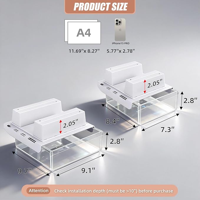 2-Pack Under Desk Drawer for Desk with Frame & Beam, Fits Where Standard Drawers Can't, 52mm Heightened Slide Out Organizer, Dual Adhesive or Screw Mount, Clear PET Under Table Storage