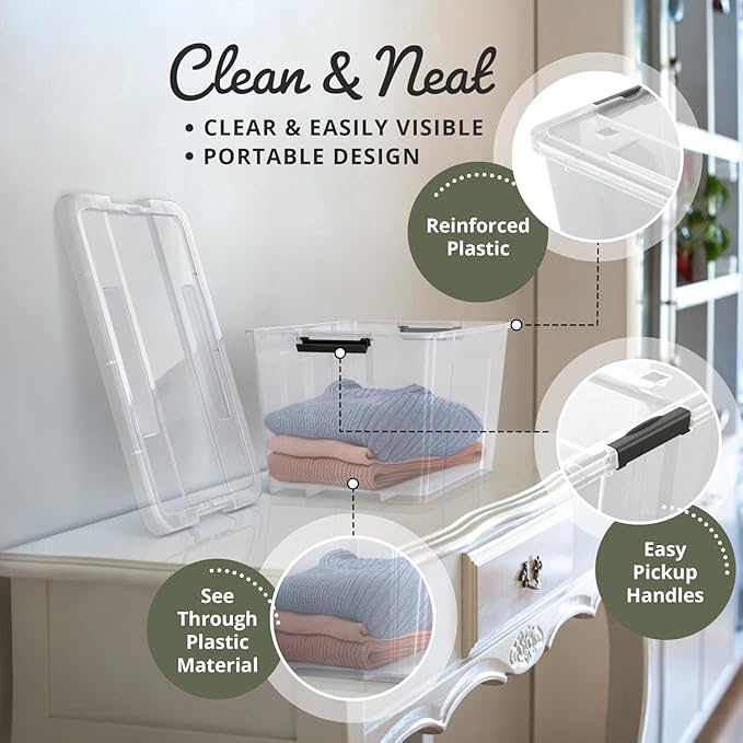 Lifetime Appliance Parts 6 PACK 34 Qt. Plastic Storage Bin Tote Organizing Container with Ultra Durable Lid & Secure Latching Buckles Stackable Extra Strength Clear w/Black Handle