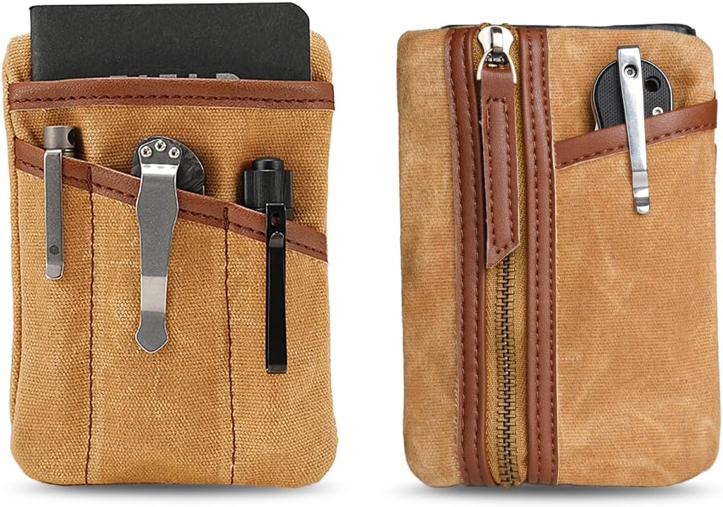 Sayram SP6 EDC Pouch, Waxed Canvas Compact Pocket Organizer, EDC Pocket Pouch for Men, Zippered Pocket Pouch, Mini EDC Organizer for Everyday Carry, Multitool Organizer Pouch (Oil Wax Brown)