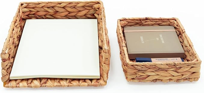HAMOTOPI Desk Organizer Letter Tray Set of 2, Woven Water Hyacinth Tabletop Desktop for Storage Paper Letter Folders Notebooks Copy Print, Workspace Holder, Keep Stationery Saver