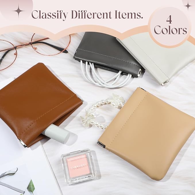 4.7in Small Makeup Bag for Purse, 4Pcs Pocket Leather Cosmetic Bag Small Squeeze Coin Purse for Women Snap Closure Pouches for Purse Organizer Pouchic for Travel Jewelry Storage (Business)