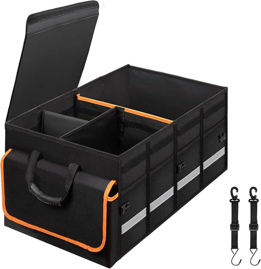 GDNasist Car Trunk Organizer and Storage with Lid, Car Accessories for Women Men 2 Removable Dividers for Custom Space, Collapsible Trunk Organizers Interior for SUV & Sedan