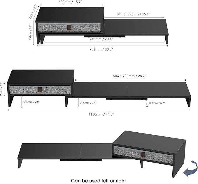 Fenge Computer Monitor Riser Stand with Drawer for 2 or 3 Monitors ,Adjustable Length and Angle Desktop Laptop Stand,Office Organizer,Printer,Black