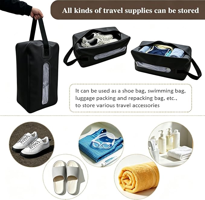 Waterproof Wet Dry Bag, Flattenable Compression Travel Toiletry Bag, Leakproof Foldable Storage Pouch for Swimsuit Towel Gym Clothes, Portable Cosmetic Organizer for Men Women Luggage (Black)