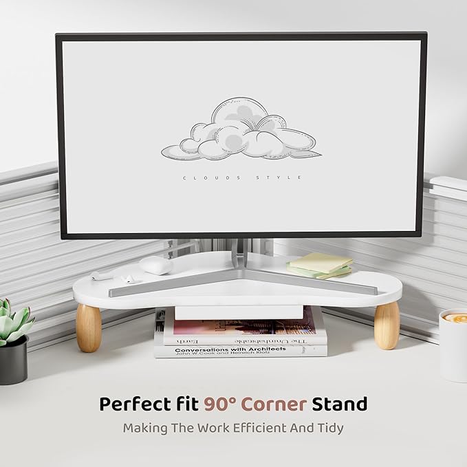 AFOOYO Monitor Stand Riser,Cloud-Shaped Sturdy Wood 16.5In Computer Monitor Riser Wirh Drawer, Multi-Purpose Desktop Organizer Riser for Computer,Laptop,Printer,TV,White