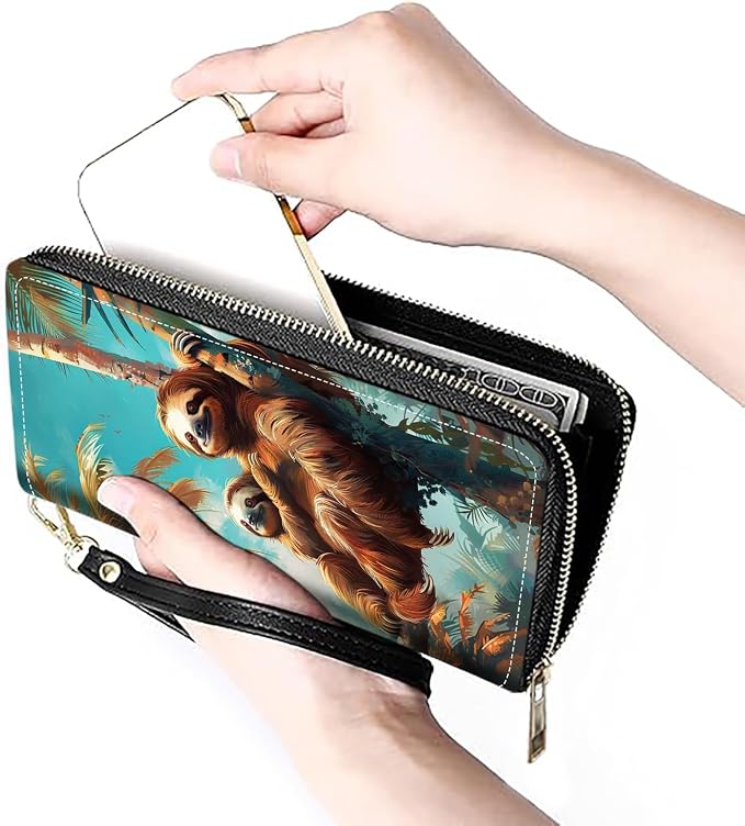 Women's Large Capacity Wallet PU Leather Zip Around Clutch Purse Multifunctional Wallet with Removable Wristlet Strap for Smart Phone/Coin/Card/Cash, Sloth