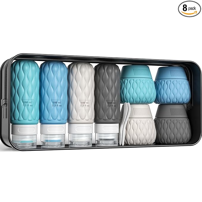 Silicone Travel Bottles for Toiletries 8 Pack Travel Size Toiletries 3.4 oz 1.7 oz, Leakproof Squeeze Travel Size Containers Refillable Cosmetic Jars Set for Shampoo, Conditioner, Creams