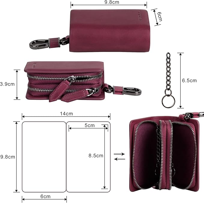 VISOUL Car Key Case Holder Double Zipper, Leather Car Smart Key Fob Case with Keychain for Men and Women