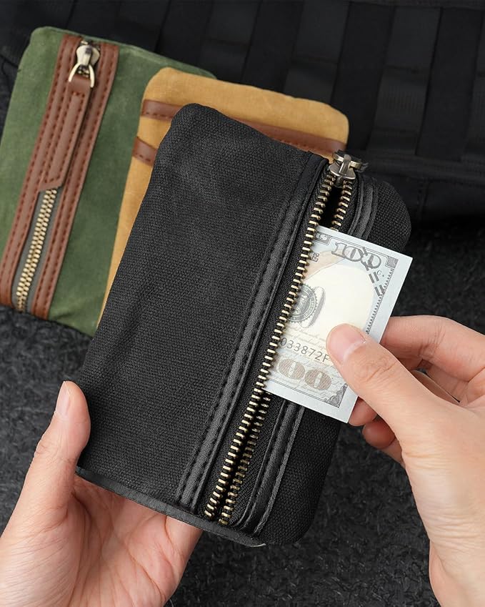 SAYRAM SP9 Pocket Organizer, Waxed Canvas EDC Pouch, Zipper Pocket Organizer Pouch for Men, Slim EDC Organizer for Coins, Notebook, Multitool, Tactical Pen