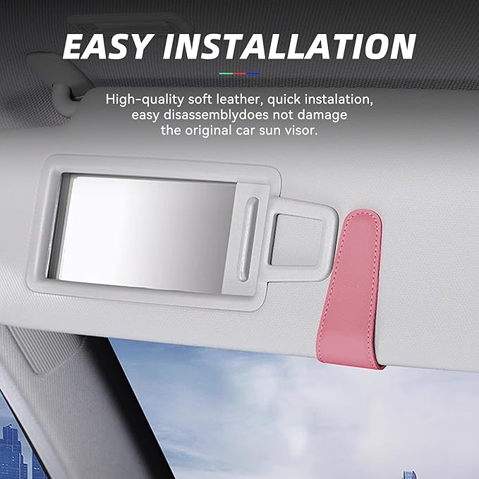 2PCS Sunglasses Holders for Car Sun Visor, Leather Eyeglasses Hanger Mounter, Magnetic Glasses Holder and Ticket Card Clip, Universal Auto Interior Accessories (Pink, 2PCS)