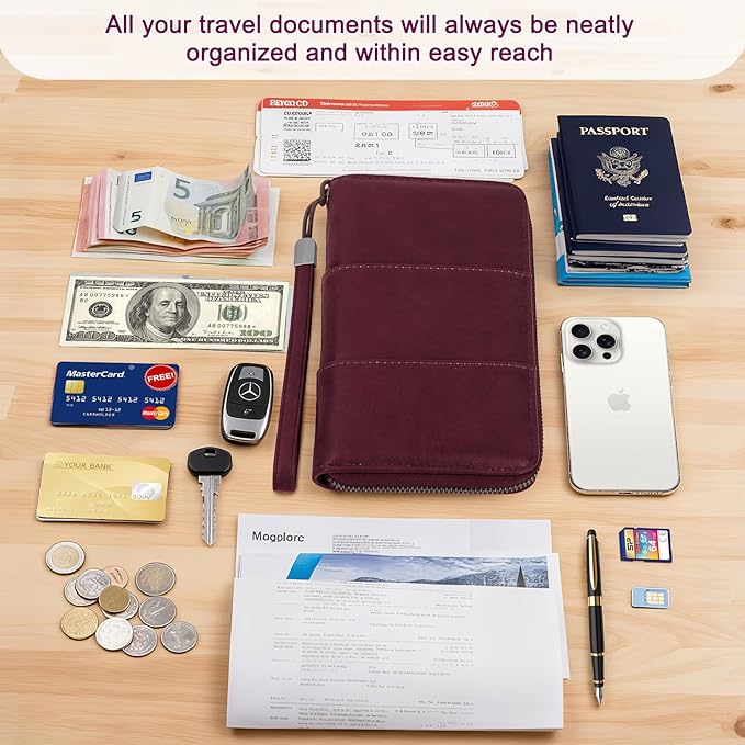 Family Passport Holder Wallet with Zipper, RFID Blocking Travel Document Organizer, PU Leather Passport Wallet for Women Men, Passport Cover Travel Wallet for Boarding Pass, ID, Money, Ticket