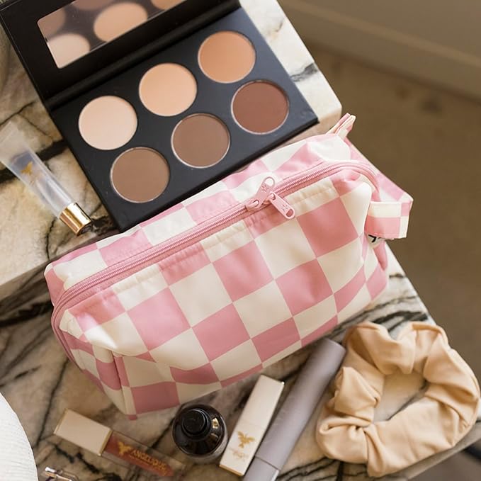 Tiny Twinkle Waterproof Travel Toiletry & Makeup Bag Organizer | Makeup Pouch with Multiple Compartments & Snap Handle for Travel | Gift for Teen Girls and Women（Pink Checkers
