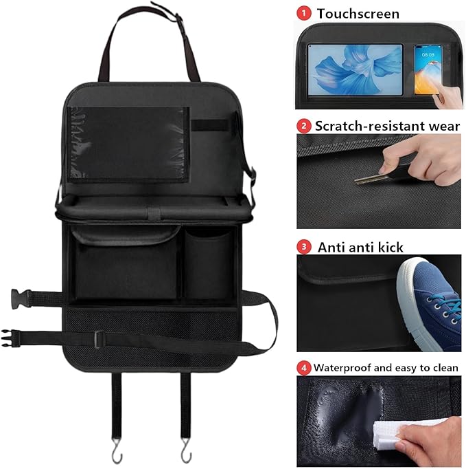 TCJJ Car Seat Organiser Car Backseat Organizer Seat Organizer for Kids | Car Backseat Seat for Kids Kick Protector with Tray and Touch Screen Tablet Storage Pockets Waterproof and Stainproof