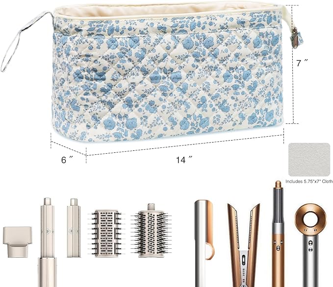 Stratalife Quilted Hair Tools Travel Bag with Polishing Cloth Compatible with Dyson Airwrap Shark Flex Style, Portable Toiletry Bag Hair Dryer Curling Iron Carrying Case Travel Essentials Blue Flower