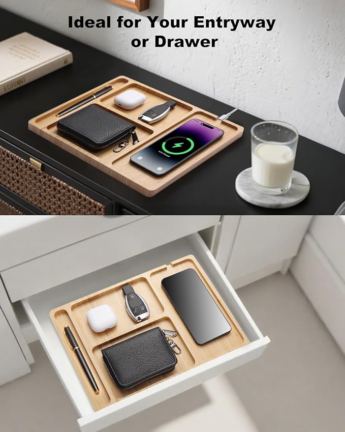 Valet Tray, Built-in Wireless Charger, Nightstand Organizer, Bamboo Desk Bedside Caddy Organizer Tray for Men, EDC Catchall Trays for Keys, Watch, Phone, Jewelry