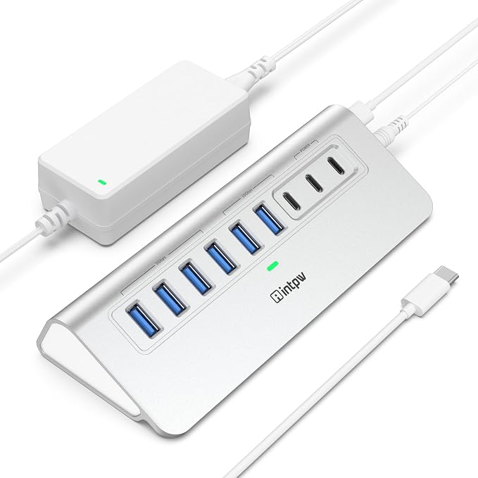 Powered USB Hub 10Gbps, intpw 9-Port USB 3.2 Hub, USB C with USB A/USB 3.2 Hub, 4 USB 3.0, 2 PD 45W Charging Port, 65W Power Adapter and 3.3FT Cable, Aluminum USB Hub for PC/Laptop, iPhone 17/16/15