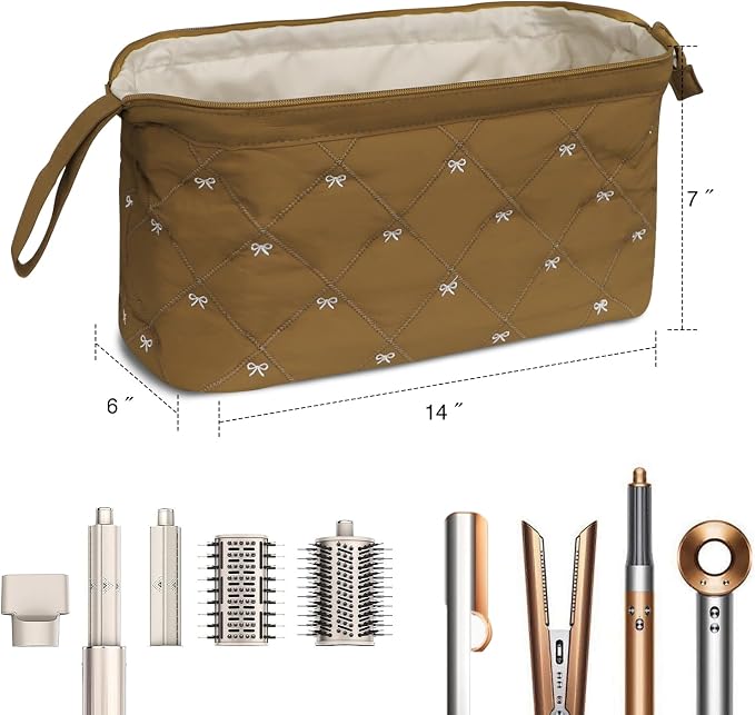 Stratalife Quilted Hair Tools Travel Bag with Polishing Cloth Compatible with Dyson Airwrap Shark Flex Style, Portable Toiletry Bag Hair Dryer Curling Iron Carrying Case Caramel Bow