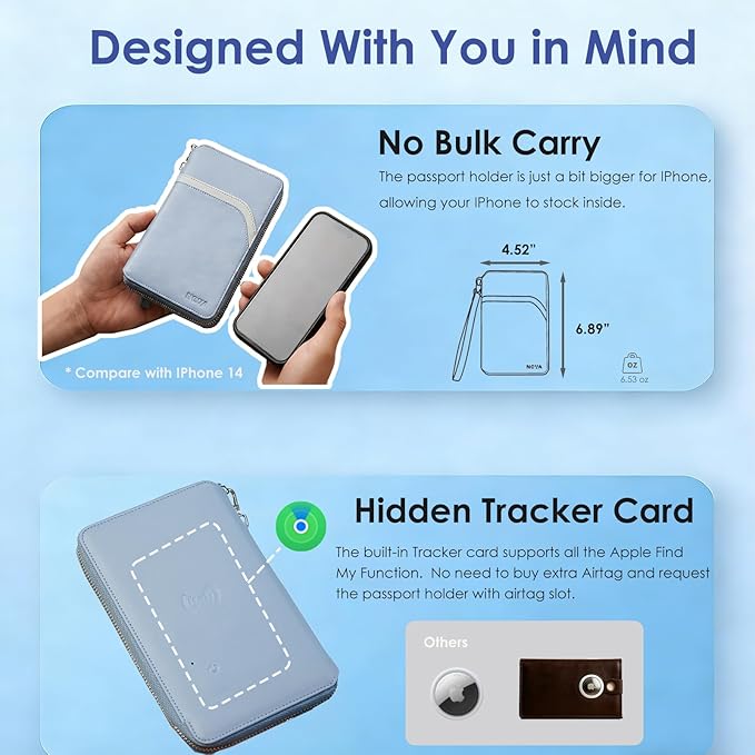 Nova RFID Blocking Passport Holder w/Hidden AirTag Trackable Card, Women Passport Wallet For Travel, Large Organzier For 2 Passports,Cash w/zipper & Wrist Lanyard（Blue）