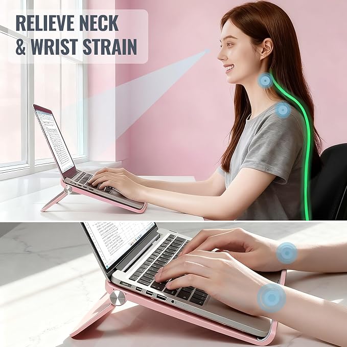 Cute Pink Laptop Stand for Desk - Adjustable Foldable Laptop Riser, Fun White Elephant for Women Coworkers, Ventilated & Sturdy with Anti-Slip Pads for MacBook, Home, Office