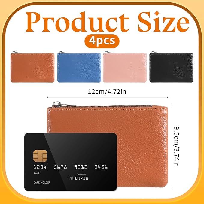 4 Pcs Small Coin Purse, Leather Change Purse with Zipper, Small Coin Purses Wallet Pouch Portable Coins Bag Change Purses for Men Women, Coins, Key
