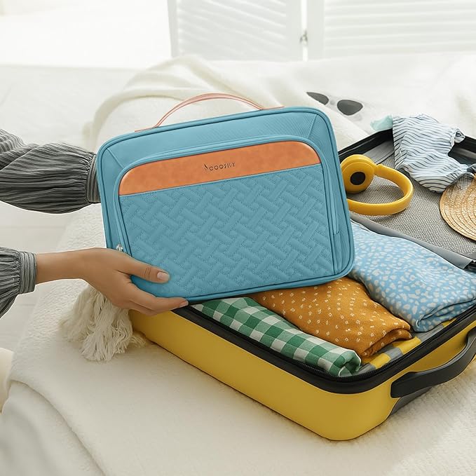COOSKY Travel Hanging Toiletry Bag for Women, Cruise Ship Essentials, with Jewelry Organizer, Extra Large Makeup Dopp Kit, Waterproof Cosmetic Bags, Toiletries Kit Set with Trolley Belt, Sky Blue