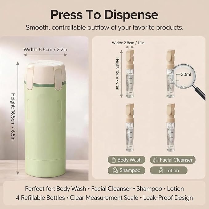 4 in 1 Travel Dispenser Bottle Leak Proof Refillable Travel Bottles Pump Shampoo Conditioner Lotion Cosmetic Containers Portable Set 4 Pack 30ml Air Travel Business Trip Essentials (Green)
