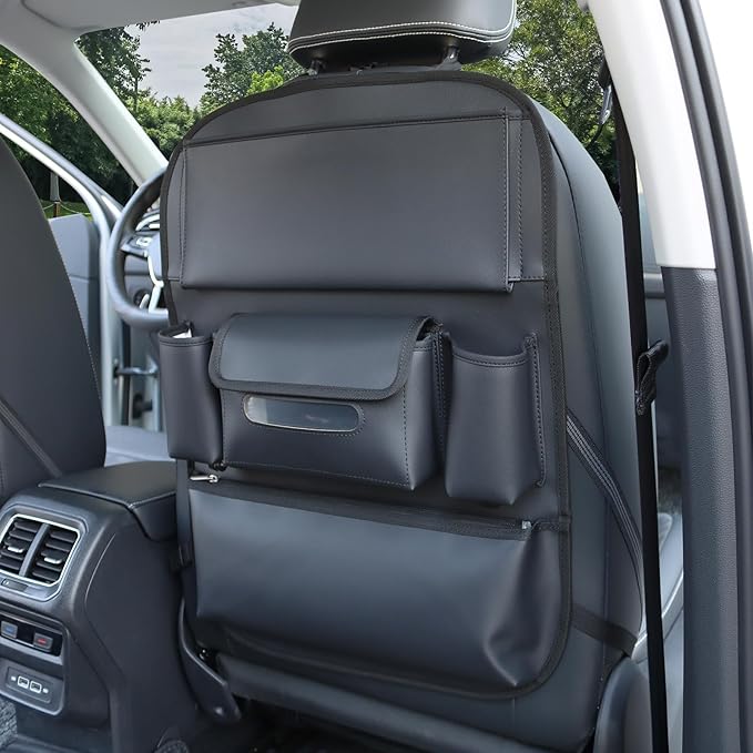 Viaviat Car Seat Organizers Waterproof Backseat Protector with Storage Pocket Large Leather Kick Mats for Kids Pets Automobile SUV Truck (Black, Large Pocket)