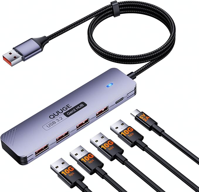 USB 3.2 Gen2 Hub, QUUGE 5-in-1 USB Splitter with 4 USB-A 10Gbps Ports, USB Multiport Adapter with 120cm Nylon Cable, 5V 2A Type-C Power Port for MacBook, Mac Pro, iMac, Laptop, PC, Flash Drive, HDD