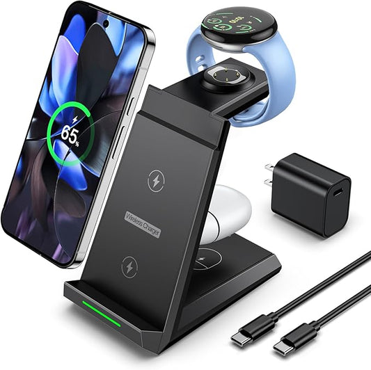 NANAMI Wireless Charger for Google - 3 in 1 Wireless Charging Station Fast Charger Stand Dock for Pixel 9/9 Pro XL/Fold/8/7,Buds Pro 2/Pro, Watch 3/2,Fitbit Versa 4/Sense 2(Not for Pixel Watch 1/4)