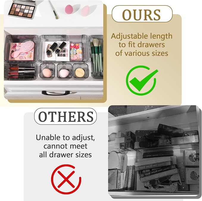20 Pcs Adjustable Clear Drawer Organizer, Extendable Vanity Storage Bins, Desk Drawer Organizer Set for Makeup, Cosmetics, Bedroom, and Gadgets, Black