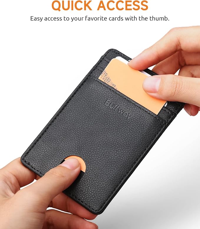 Buffway Mens Slim Wallet, Minimalist Thin Front Pocket Leather Credit Card Holder with RFID Blocking for Work Travel | Minimalist