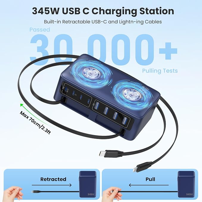 345W USB C Charger 10 in 1 Retractable Wall Charger with 2 Cables,GaN 6 USB C Charging Station Phone Charging PD Laptop Charger Adapter for MacBook Pro/Air,DELL,iPhone17/16/15,Galaxy S24,Android etc