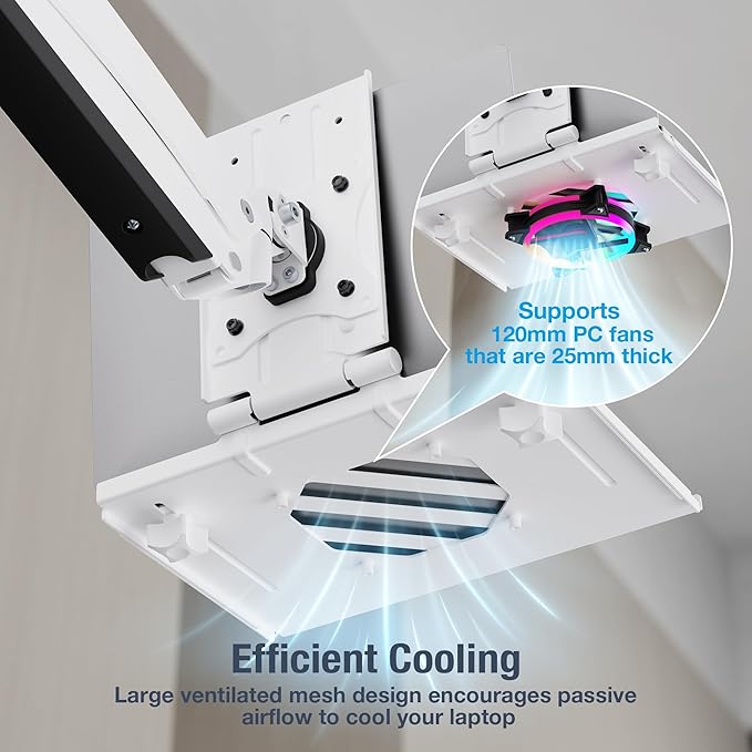 AVLT Adjustable Laptop Tray with Support for 120mm Fans Compatible with VESA 75x75 Monitor Arm - Suitable for Laptops Up to 17Inch - White (Fan Not Included)