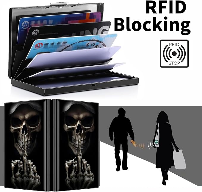 Metal Wallet for Women Men Girls, RFID Blocking Slim Aluminum Credit Card Holder, Mini Travel Wallet with Hard Shell, Lightweight ID & Business Card Case,A Skulls
